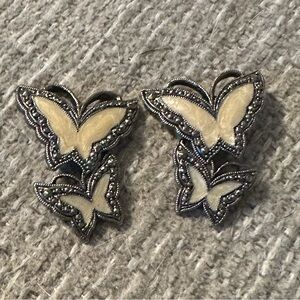 Silver Toned Cream Enamel Double Butterfly Post Earrings